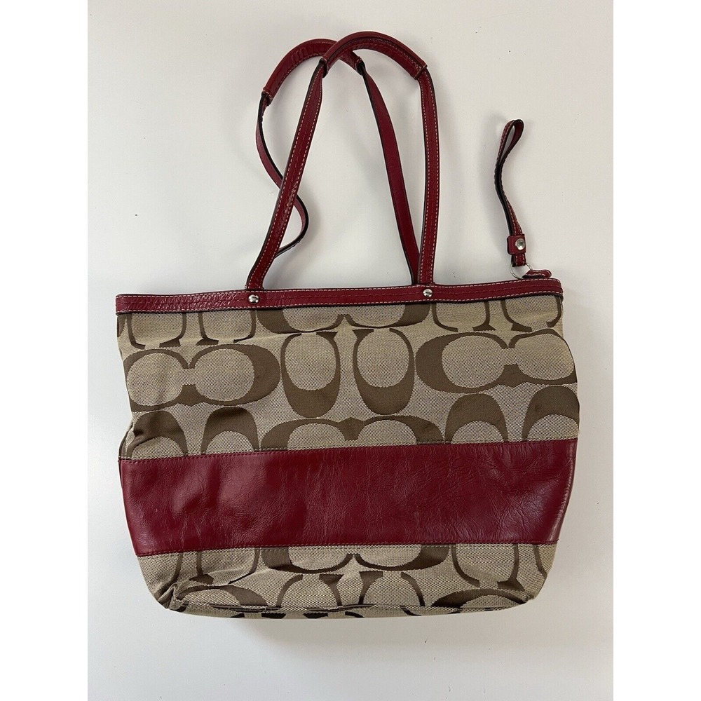Coach Signature Canvas Tote with Red Leather Trim